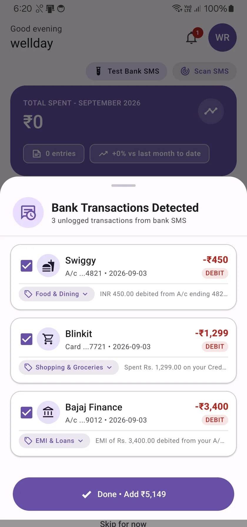 Automatic bank SMS expense detection