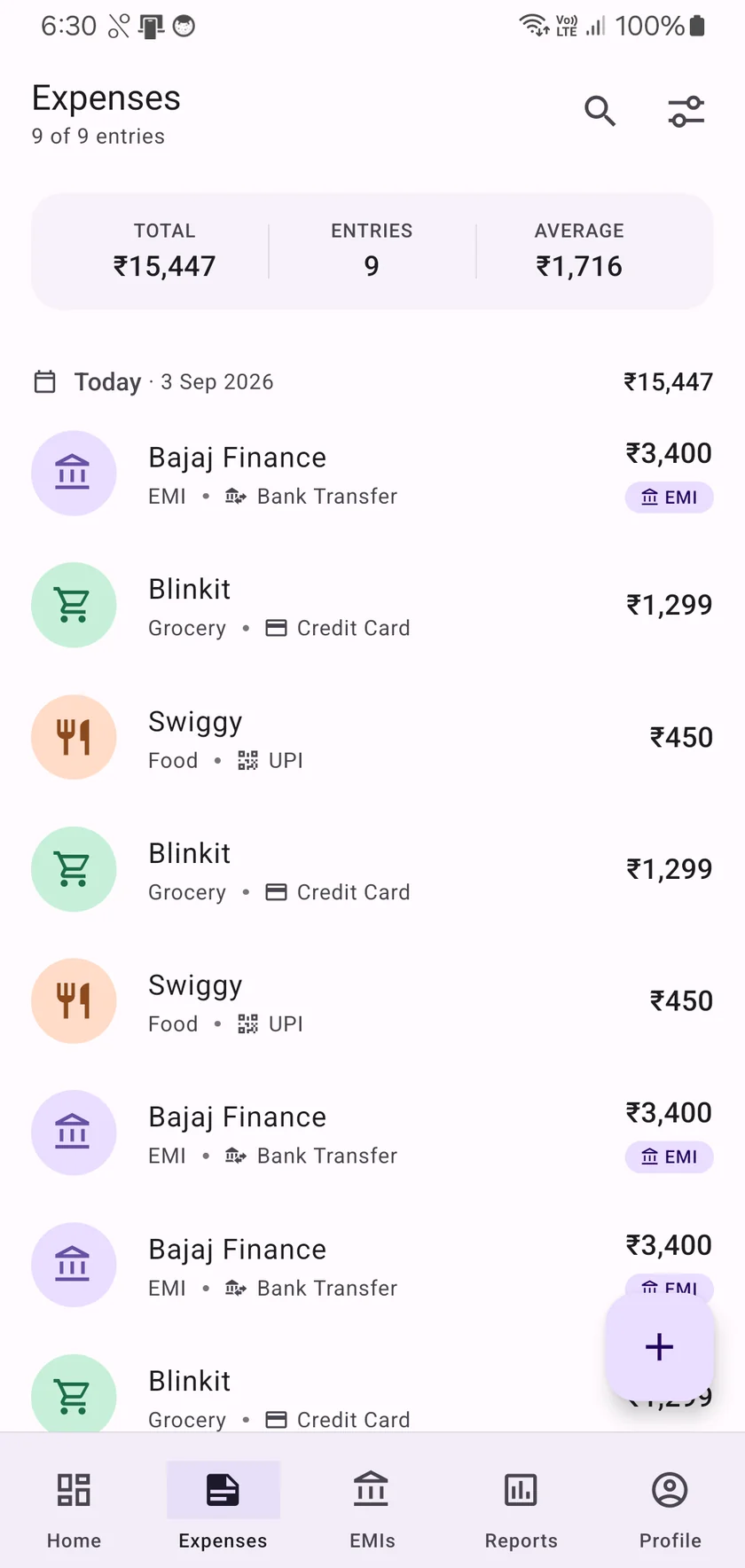 Categorised expenses list