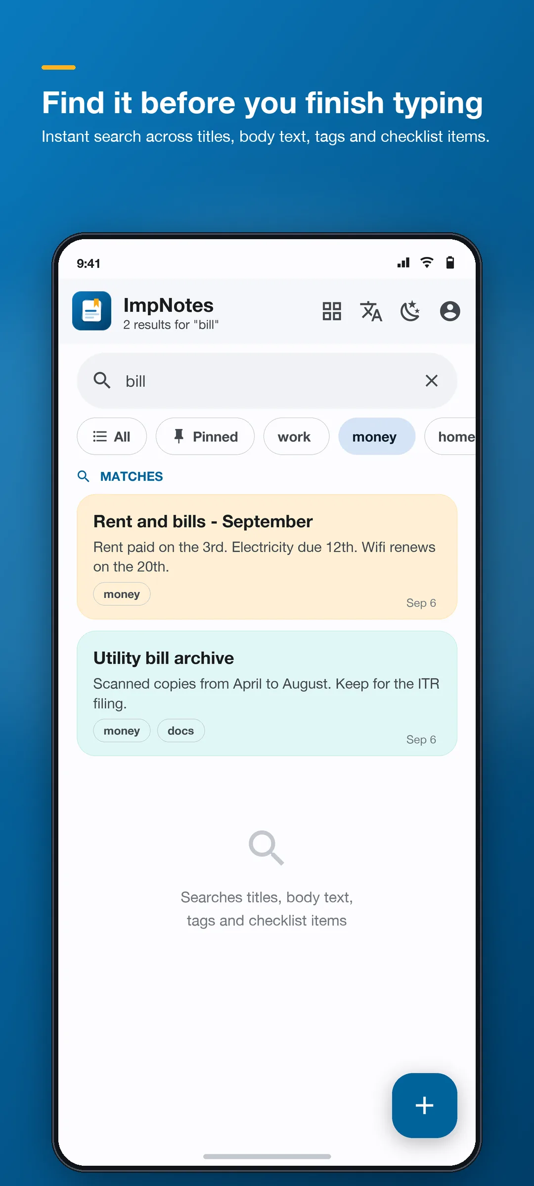 ImpNotes instant search