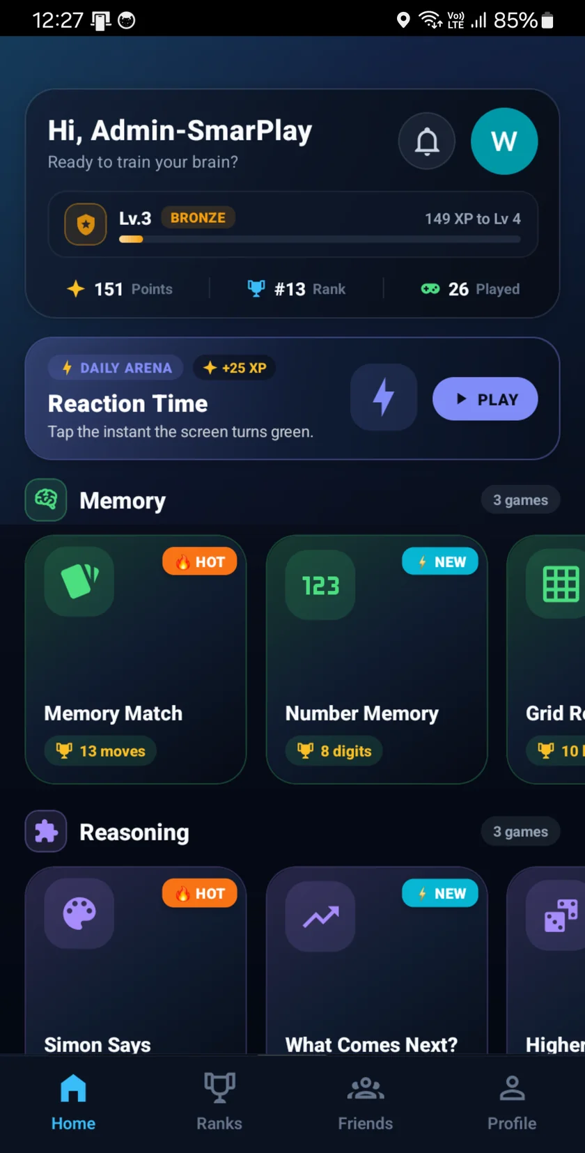 PlaySmart game hub home