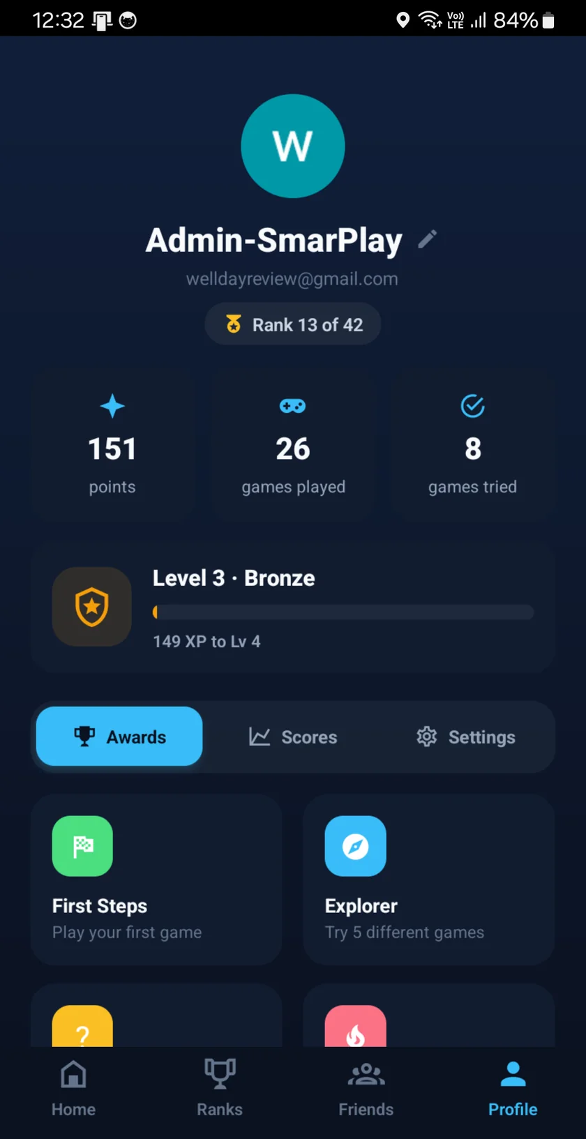 PlaySmart player profile, XP tier and awards