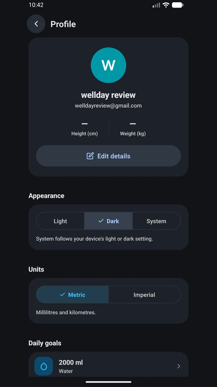 WellDay profile and settings
